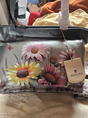 Anuschka Gray Leather Tote with Hand-Painted Yellow and Pink Floral Art